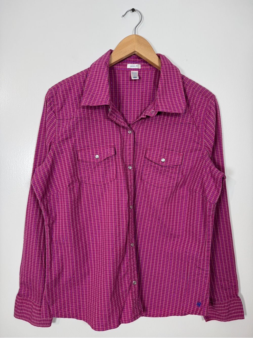 WSH88 {Old Navy} Vintage Pink Blue Metallic Plaid Pearl Snap Button Down Shirt